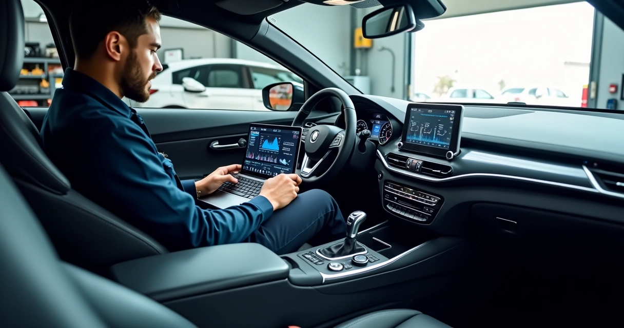 Mecânico ajustando módulo eletrônico do câmbio automático em carro moderno na oficina