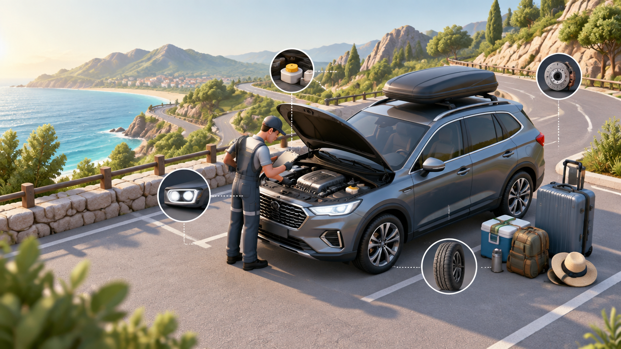 Carro familiar sendo preparado com checklist de segurança antes de uma viagem de férias, em ilustração 3D isométrica.
