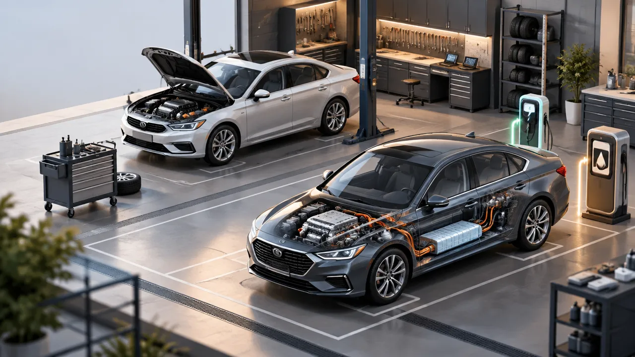 Dois sedãs genéricos em uma oficina moderna representam a comparação entre motorização flex convencional e híbrida.