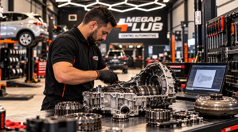 Técnico da Megap Lub reparando câmbio na bancada – Megap Lub, BH