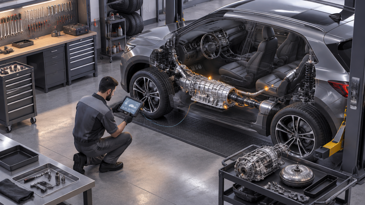 Ilustração isométrica de um técnico verificando a transmissão automática de um carro com scanner em uma oficina