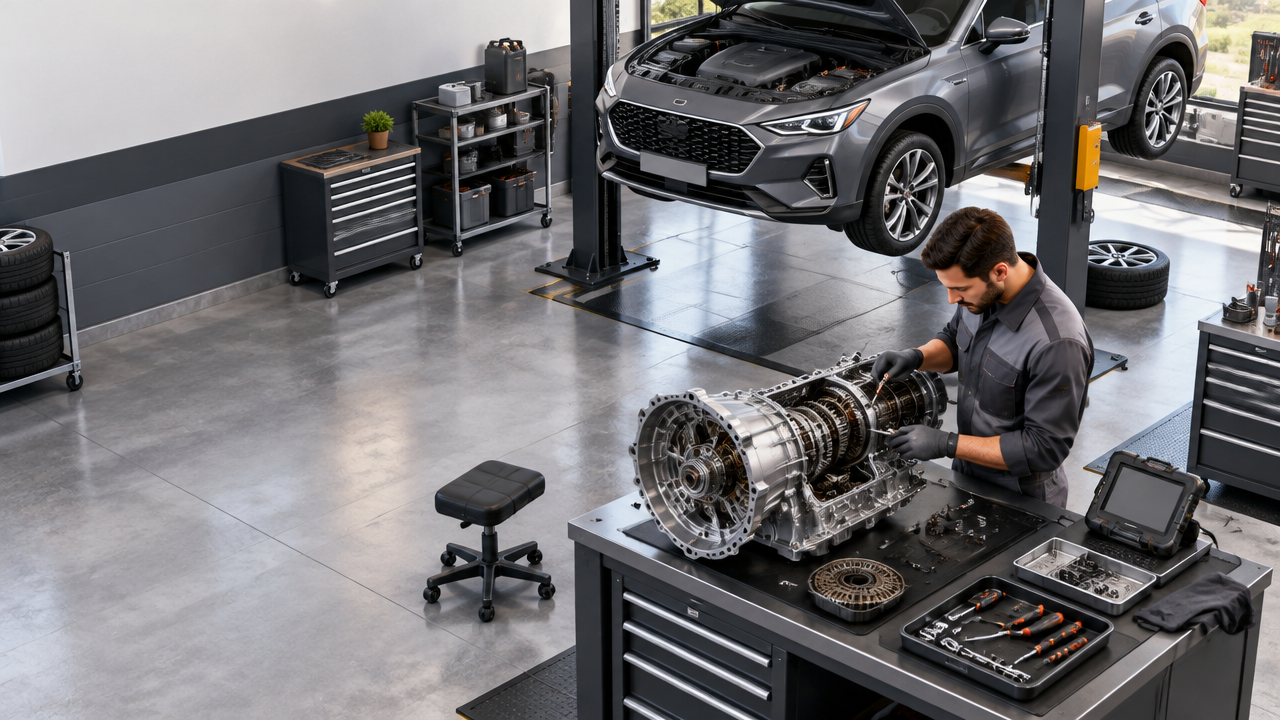 Técnico inspeciona o câmbio automático de um carro em oficina equipada, em ilustração 3D isométrica