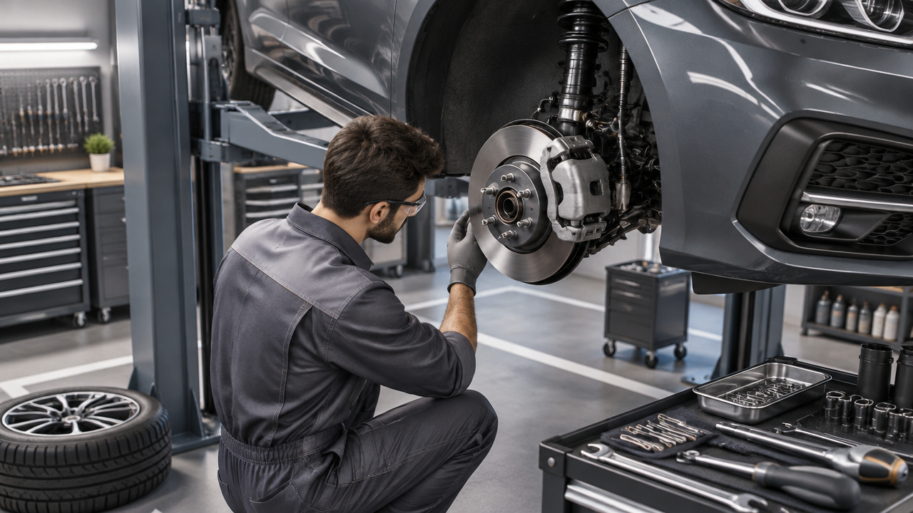 Técnico inspeciona o sistema de freios de um carro em uma oficina moderna